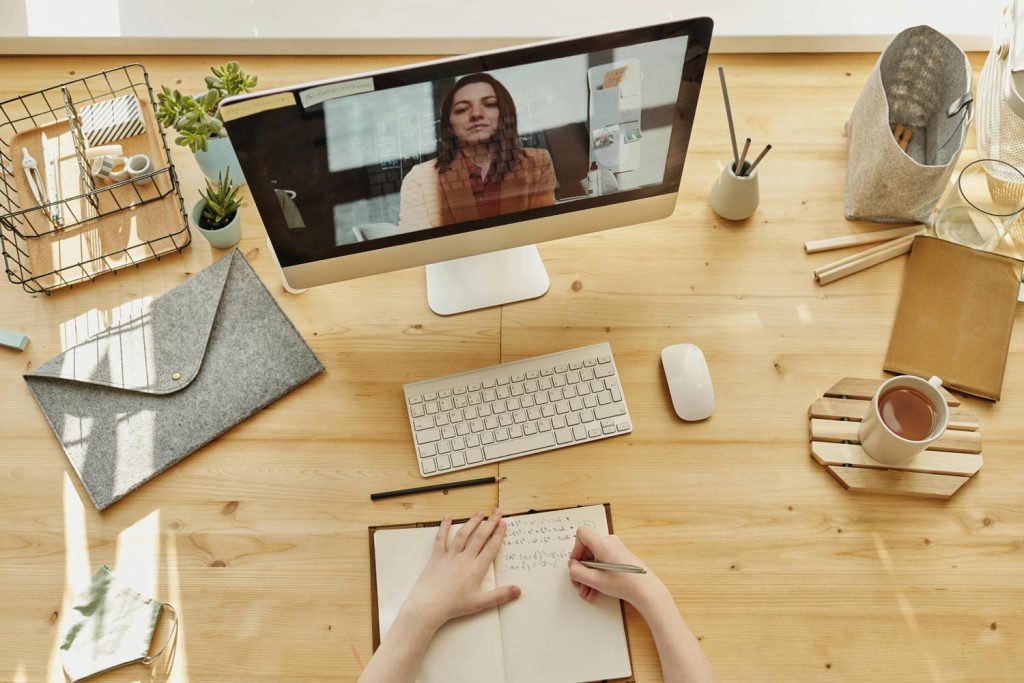 A person discussing the classic Duck or Rabbit? drawing online with her AI friends in her Maryland office
