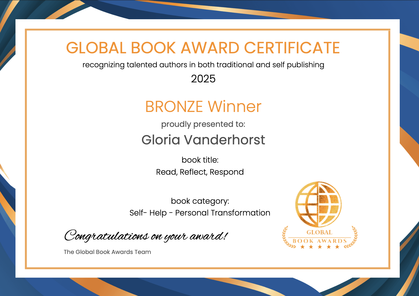 Read Reflect Respond Global Book Awards Certificate